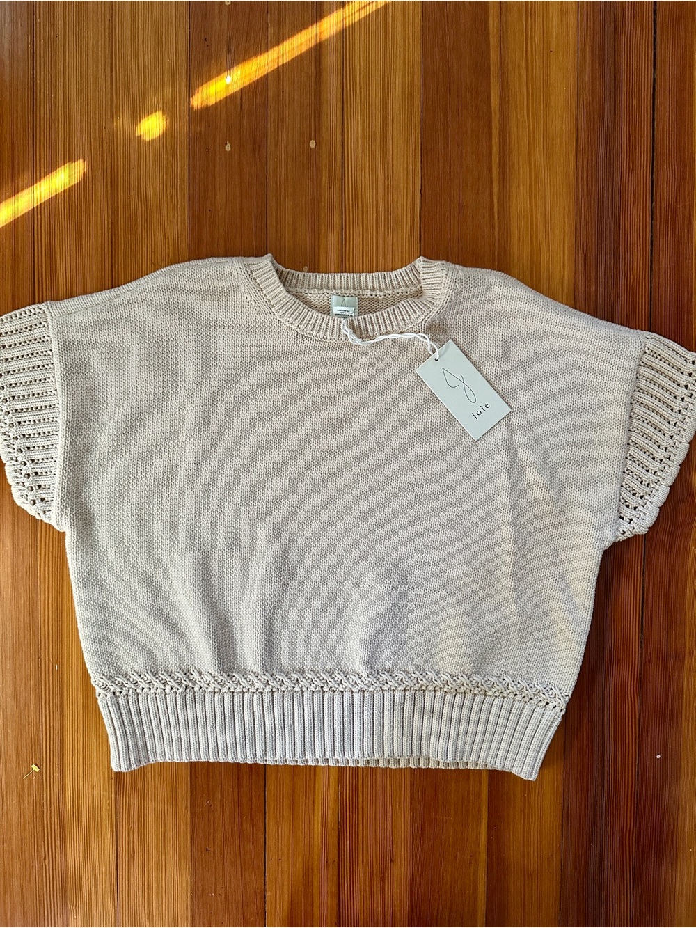Joie Beige Natural Short-Sleeve Knit Sweater Crochet Detail NWT Size M